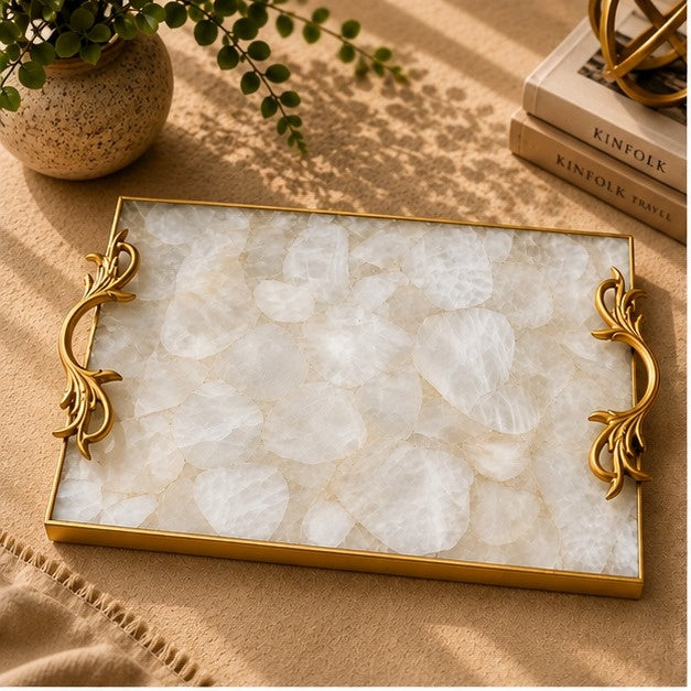 White Agate Serving Tray with Metal Handles
