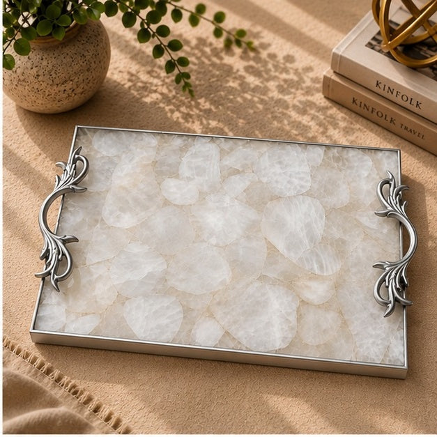 White Agate Serving Tray with Metal Handles