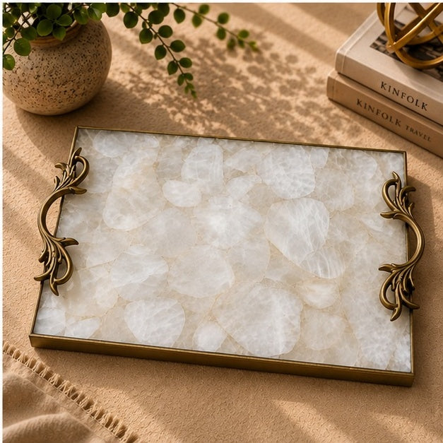 White Agate Serving Tray with Metal Handles, picture 2 of 8