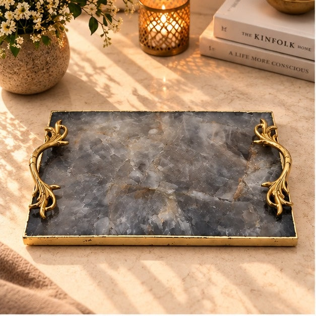 Smoky Quartz Serving Tray with Metal Handles