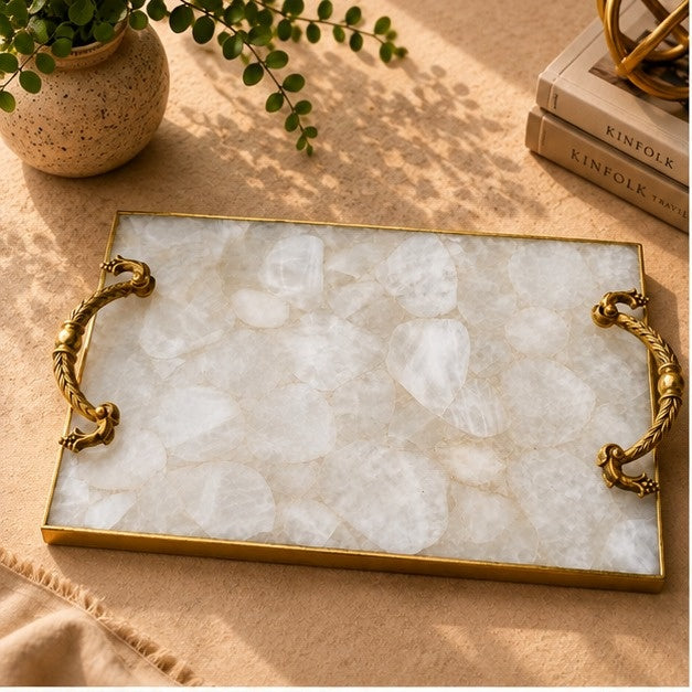 White Agate Serving Tray with Metal Handles, picture 7 of 8