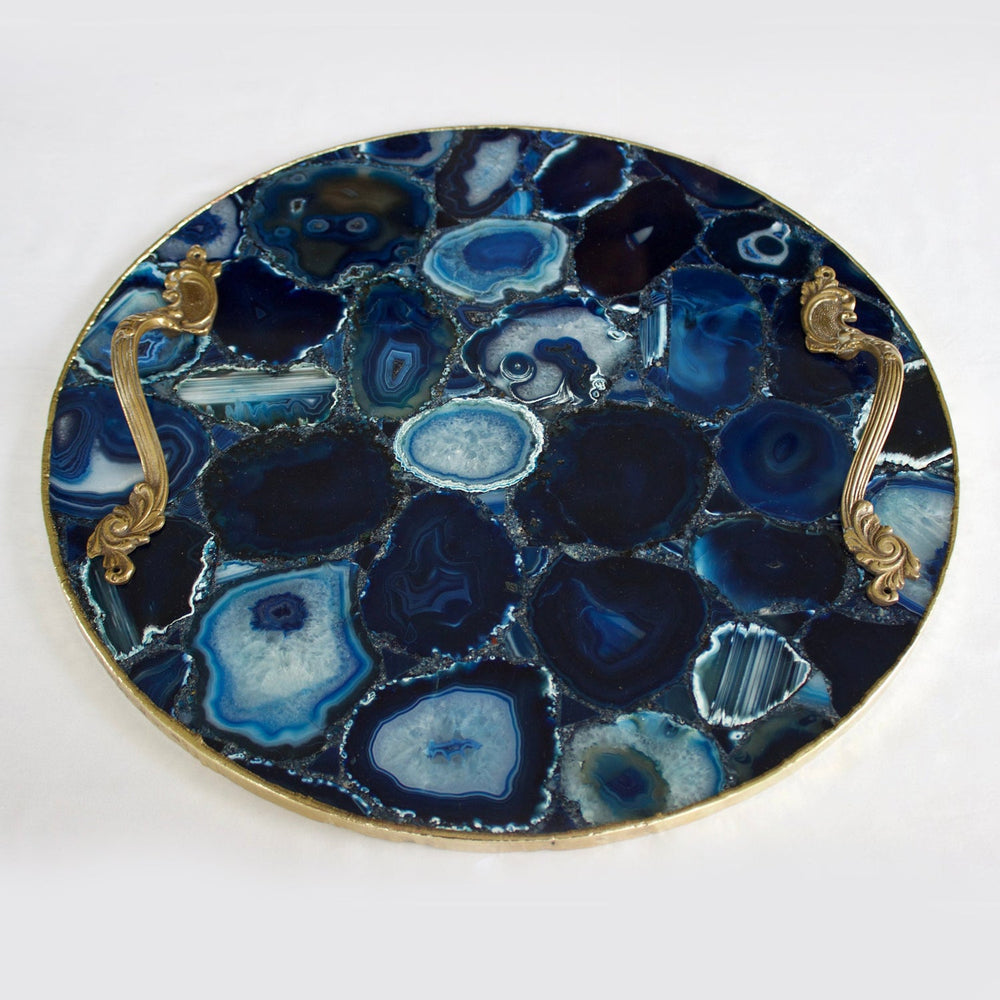 Blue Agate Round Serving Tray with Metal Handles