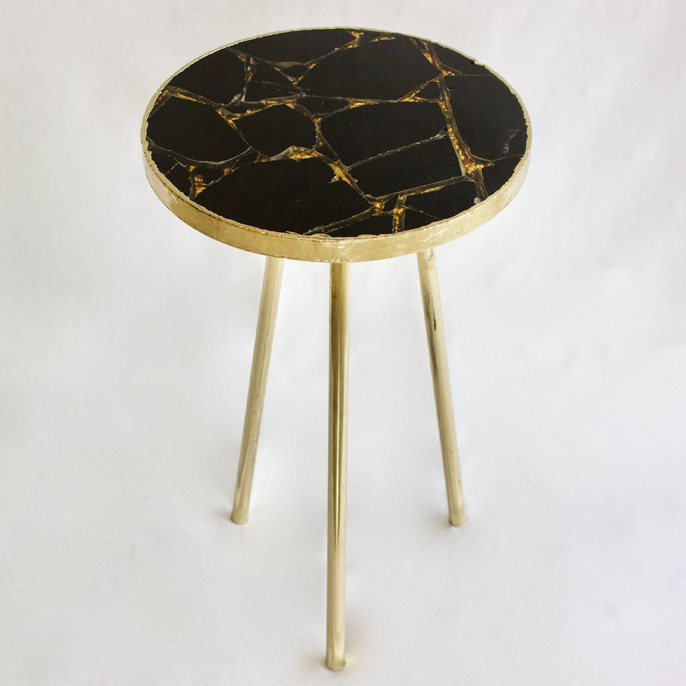 Gold Sparkle Black Agate Side Table, Round Top