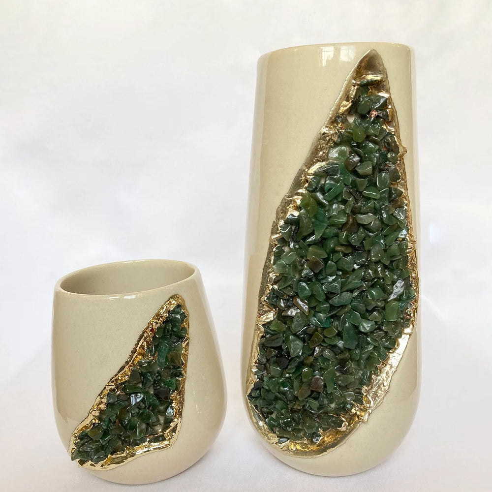 Cream Ceramic Vases with Crystal Panels, 4 and 8 Inch