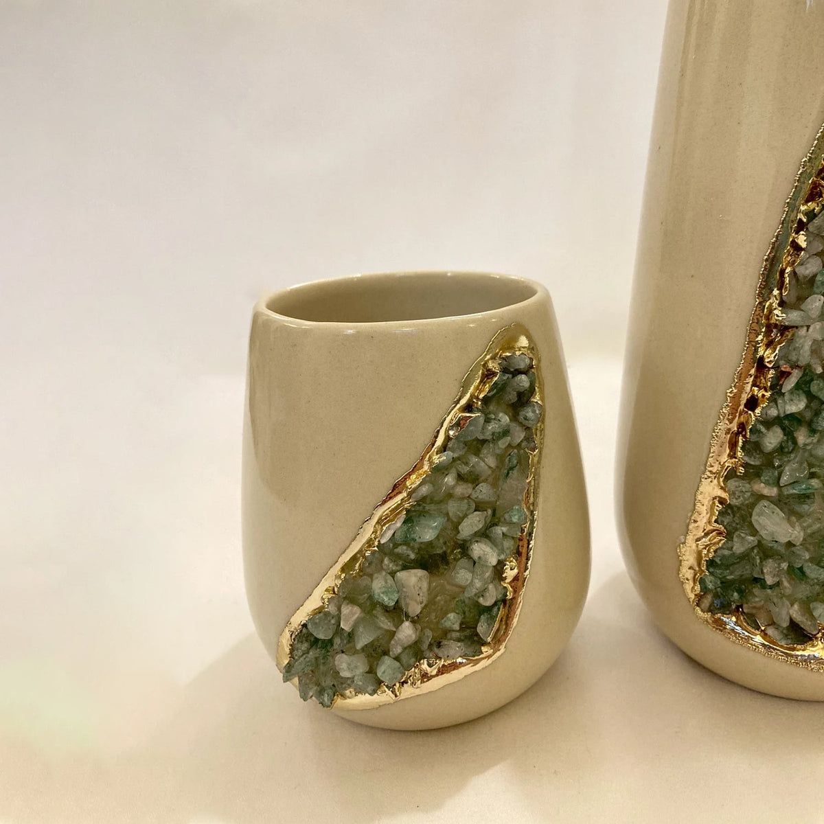 Cream Ceramic Vases with Crystal Panels, 4 and 8 Inch, picture 5 of 8