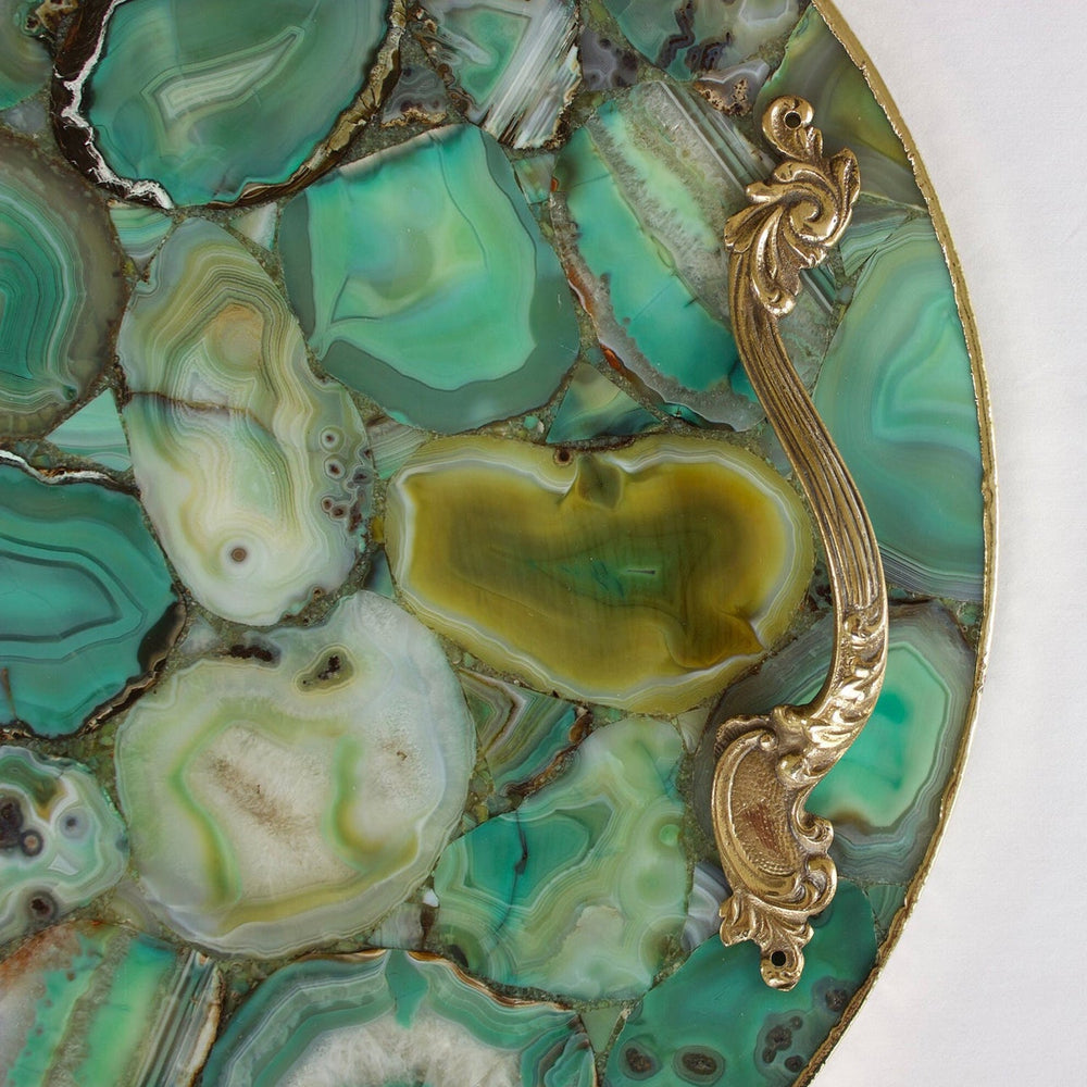 Green Agate Round Serving Tray with Brass Handles-3