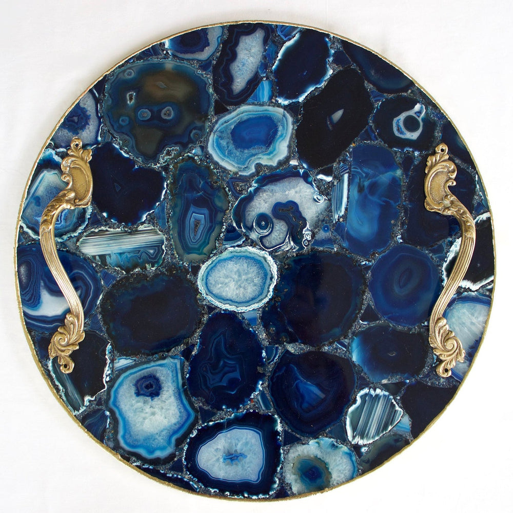Blue Agate Round Serving Tray with Metal Handles