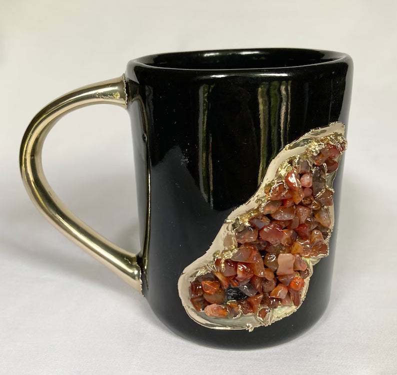 Wave Black Ceramic Mugs with Crystal Teardrop, 12 oz