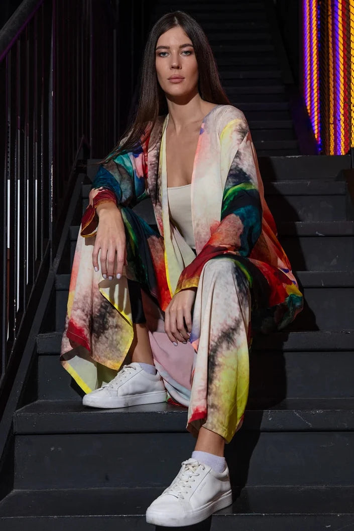 Enigma Abstract Multicolour Printed Long Kimono, picture 2 of 6