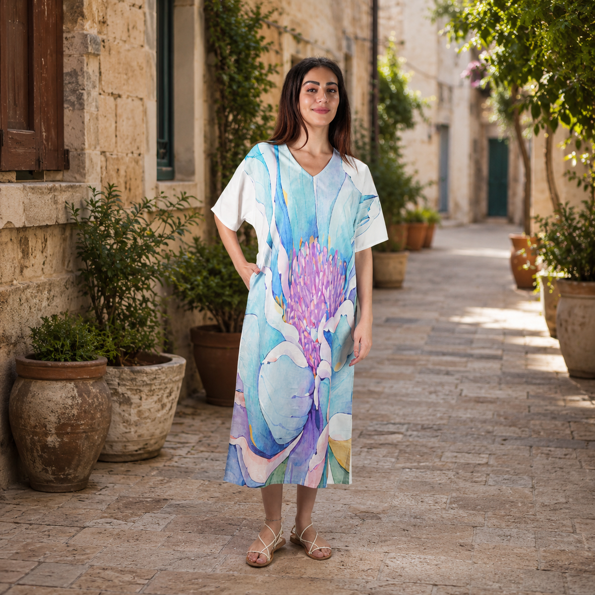 Fleur Watercolour Floral Long Kaftan Dress, picture 6 of 6