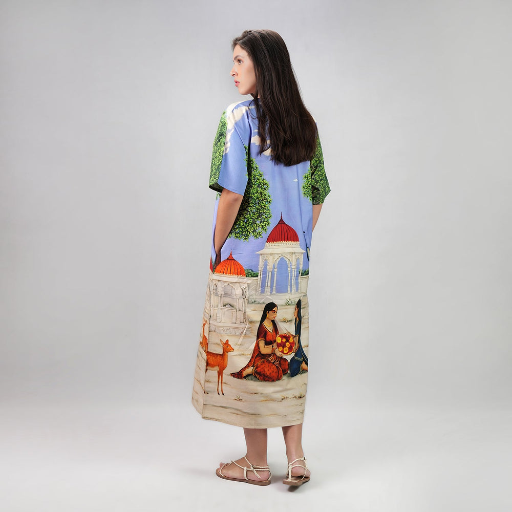 Saanjh Heritage Art Print Long Kaftan Dress