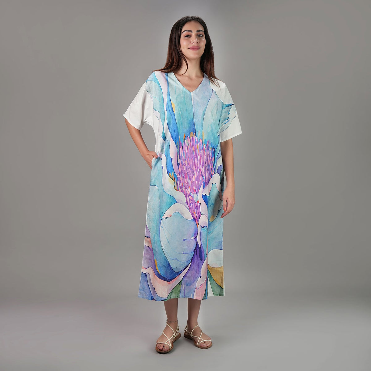 Fleur Watercolour Floral Long Kaftan Dress, picture 2 of 6