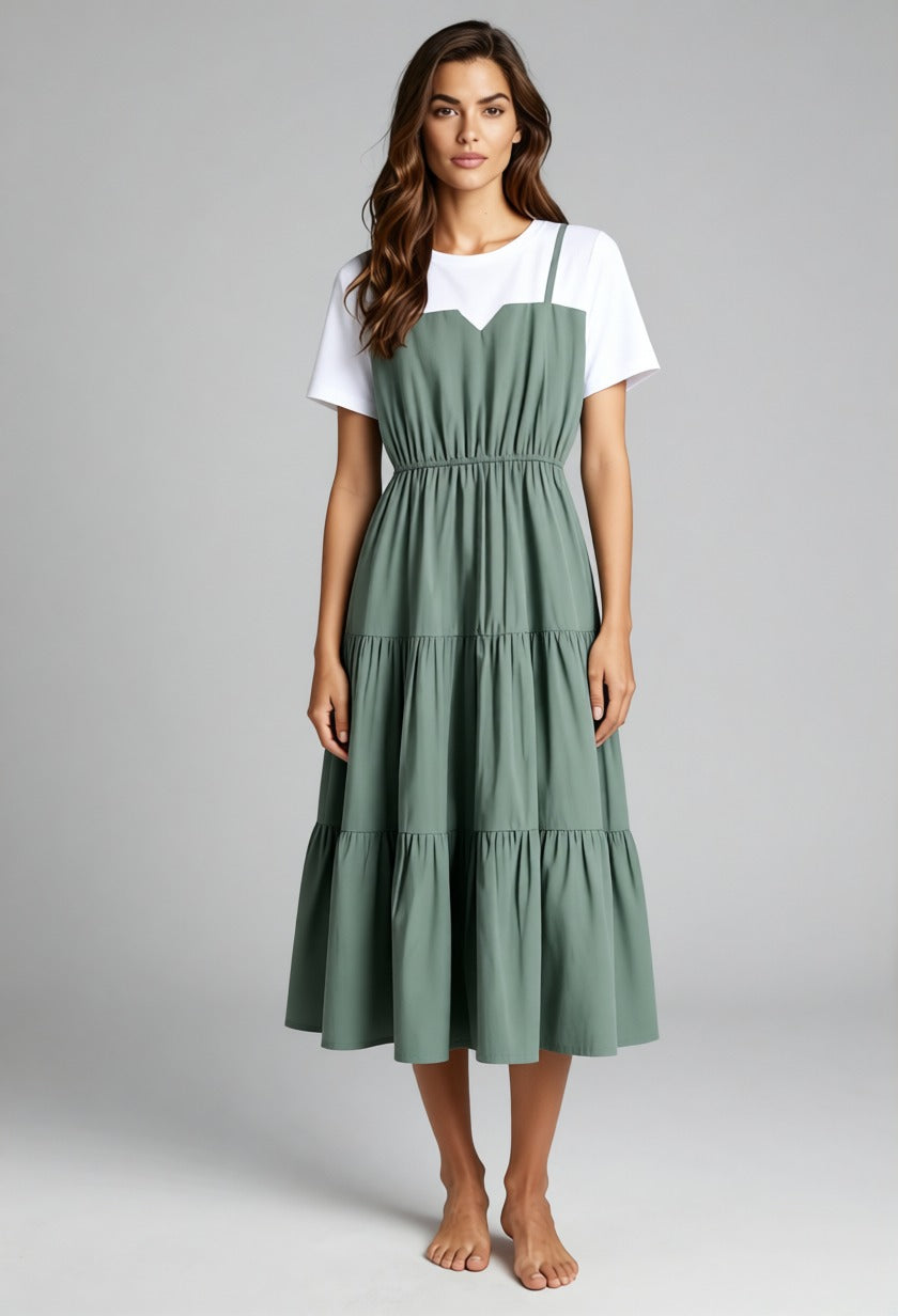 فستان ميدي بطبقات متدرجة بأكمام قصيرة | Tiered Short-Sleeve Midi Dress، الصورة 1 من 7