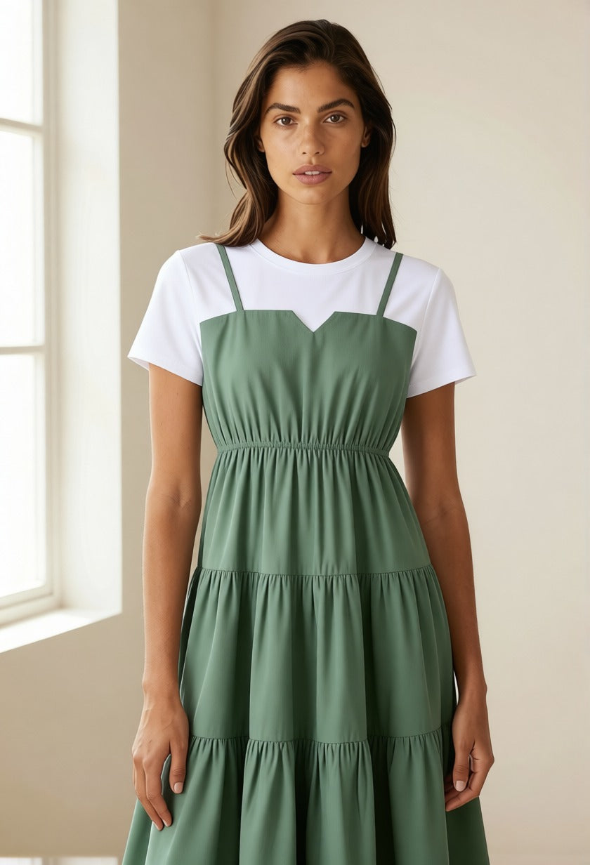 فستان ميدي بطبقات متدرجة بأكمام قصيرة | Tiered Short-Sleeve Midi Dress، الصورة 2 من 7