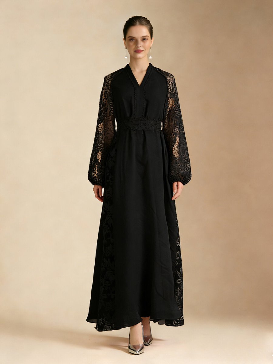 Lace-Sleeve Chiffon Maxi Dress