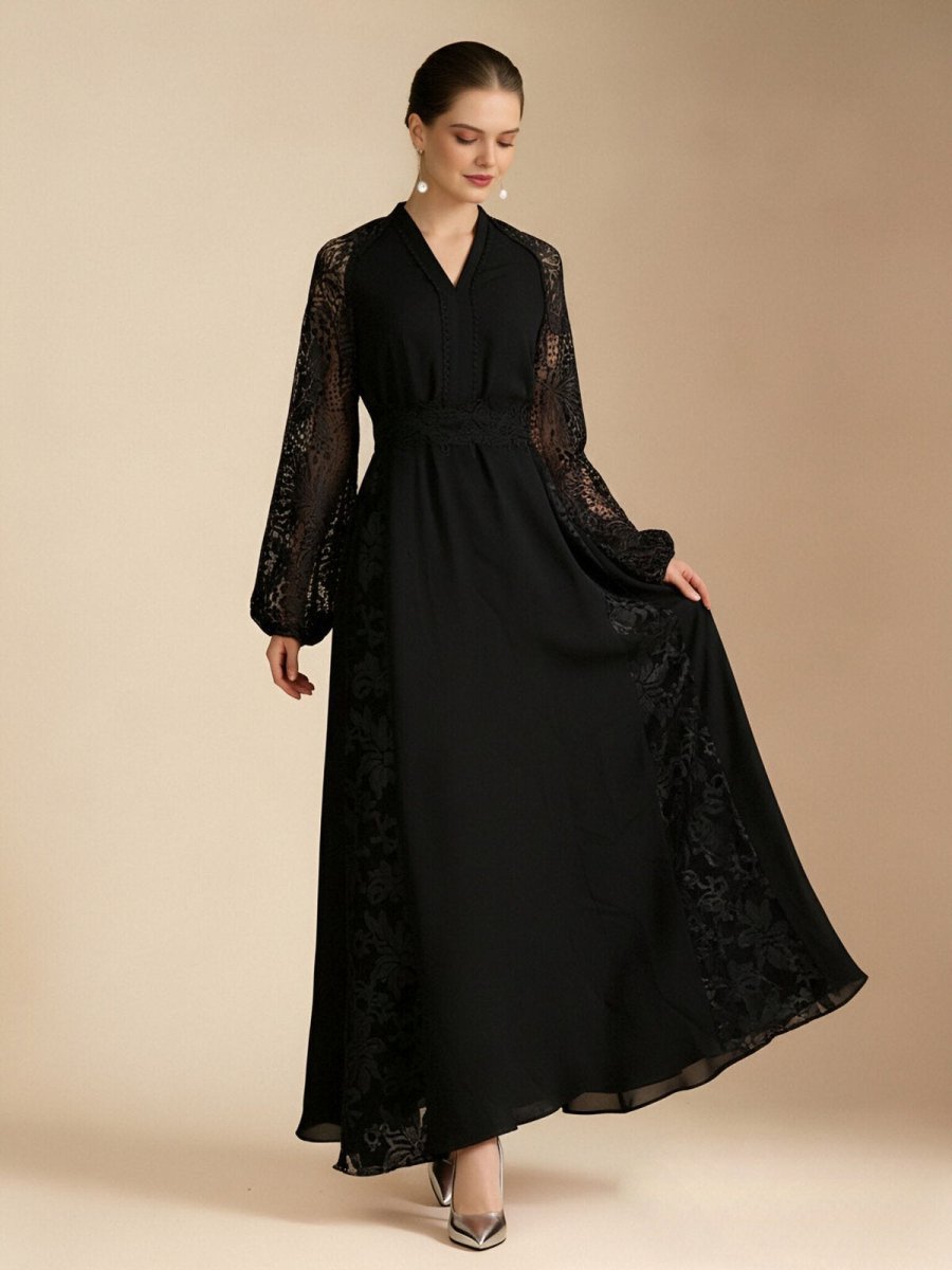 Lace-Sleeve Chiffon Maxi Dress