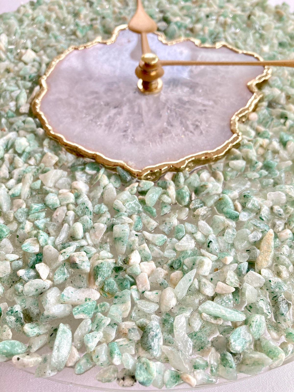 White Agate Wall Clock with Light Green Crystal Rim, 10 Inch, picture 1 of 3