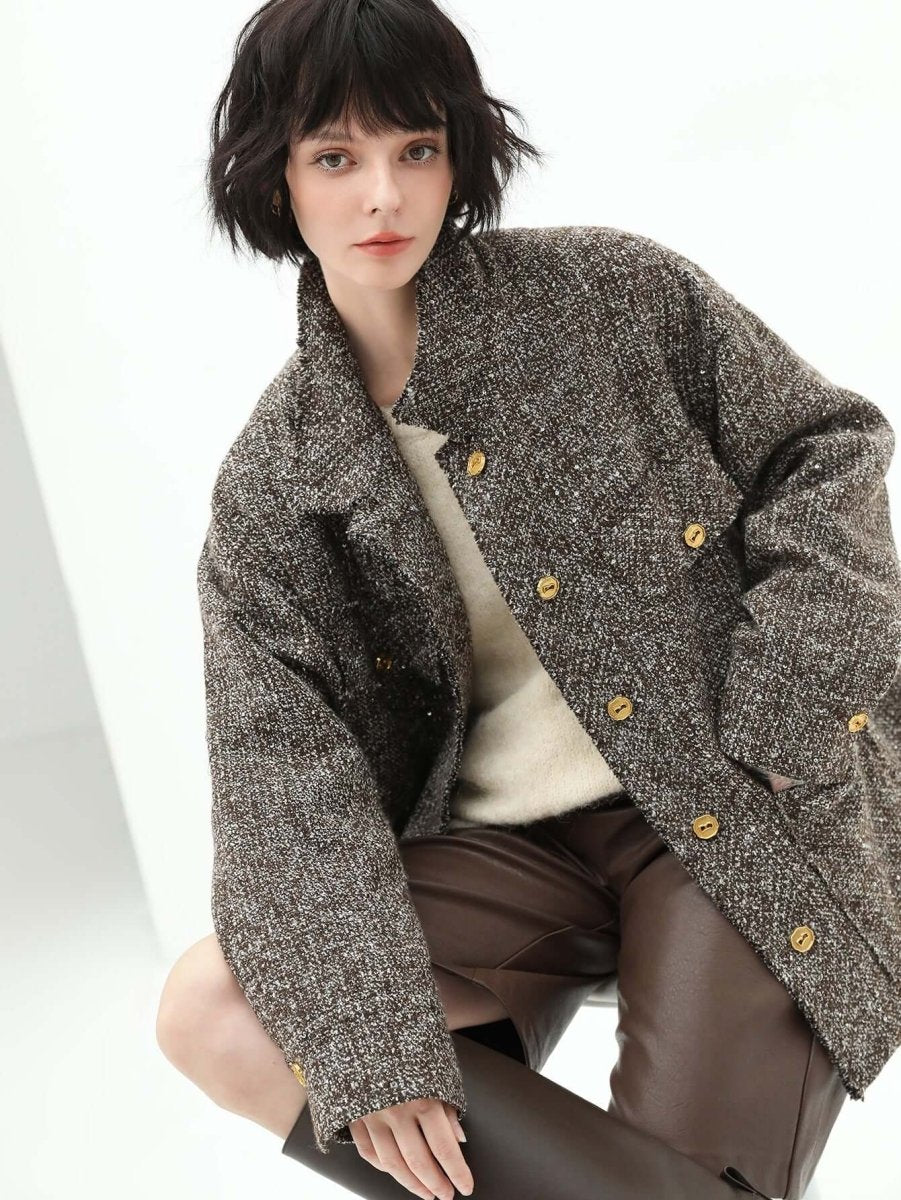Mocha Tweed Wool Coat with Gold Buttons