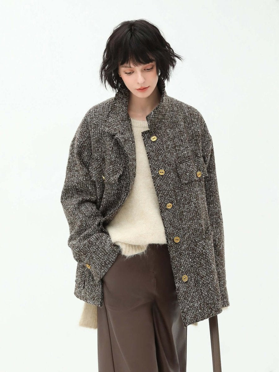 Mocha Tweed Wool Coat with Gold Buttons
