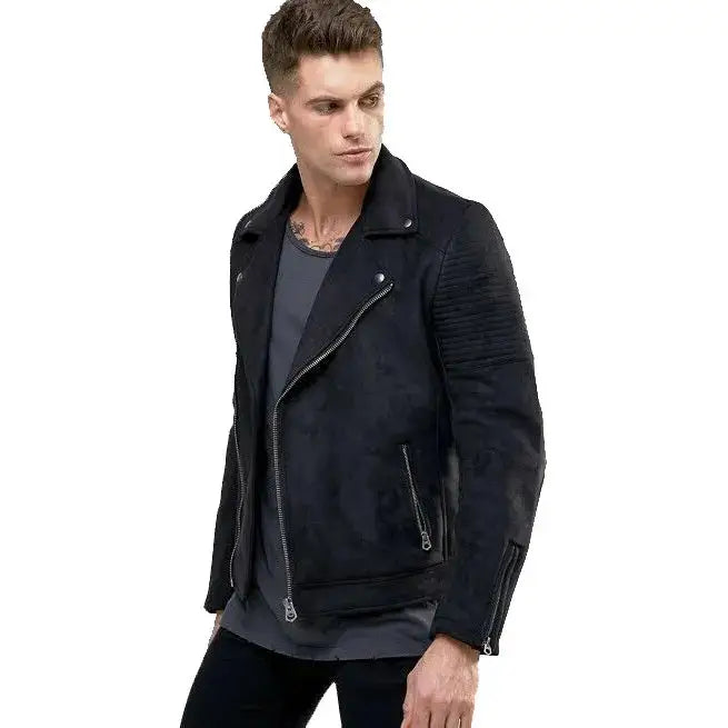 Men’s Black Suede Leather Motorcycle Jacket, picture 2 of 5