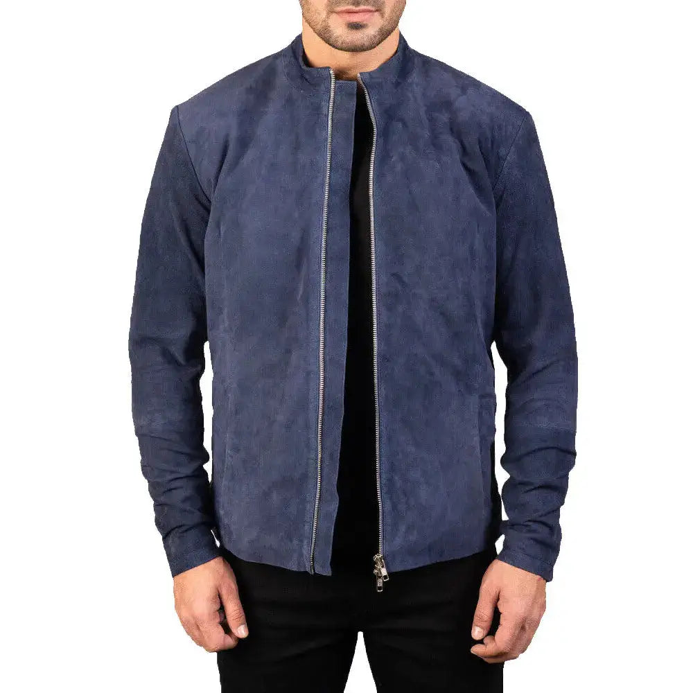 Men’s Navy Blue Suede Biker Jacket, picture 4 of 4