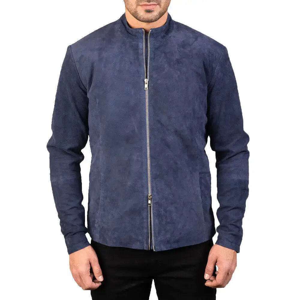 Men’s Navy Blue Suede Biker Jacket, picture 2 of 4