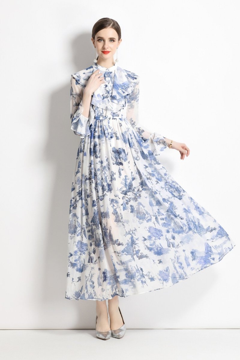 Porcelain Blue Floral Slim Fit Long Sleeve Shirt Dress, picture 4 of 5