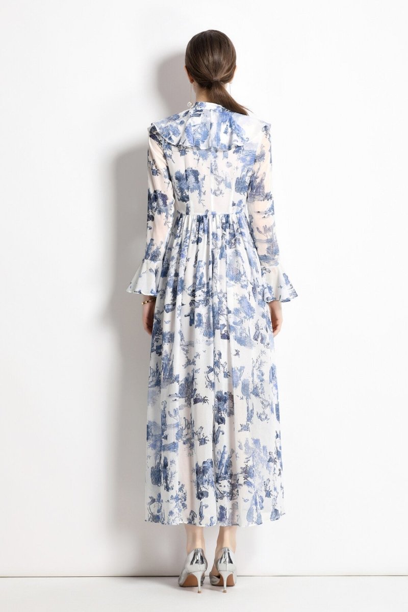 Porcelain Blue Floral Slim Fit Long Sleeve Shirt Dress, picture 5 of 5