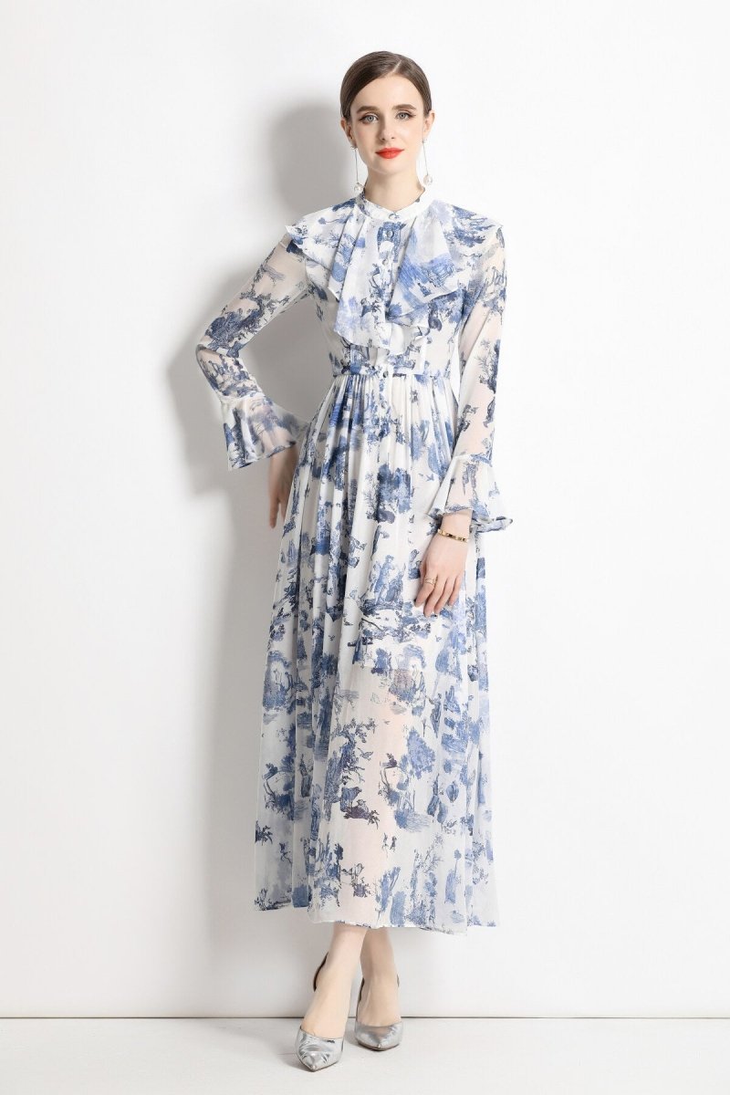 Porcelain Blue Floral Slim Fit Long Sleeve Shirt Dress, picture 2 of 5
