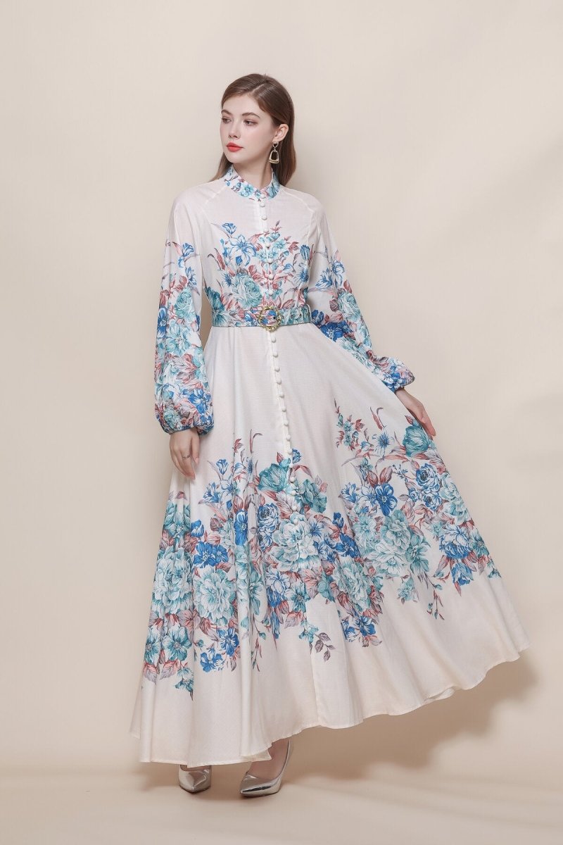 Floral Placement Print Maxi Dress with Balloon Sleeves