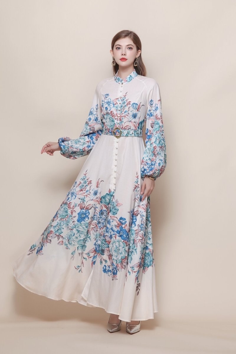 Floral Placement Print Maxi Dress with Balloon Sleeves, picture 4 of 7
