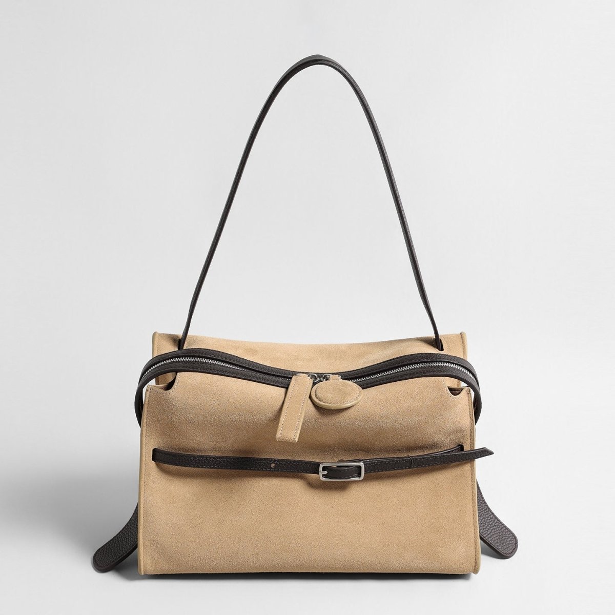 Belted Wave-Zip Suede Shoulder Bag, picture 6 of 8