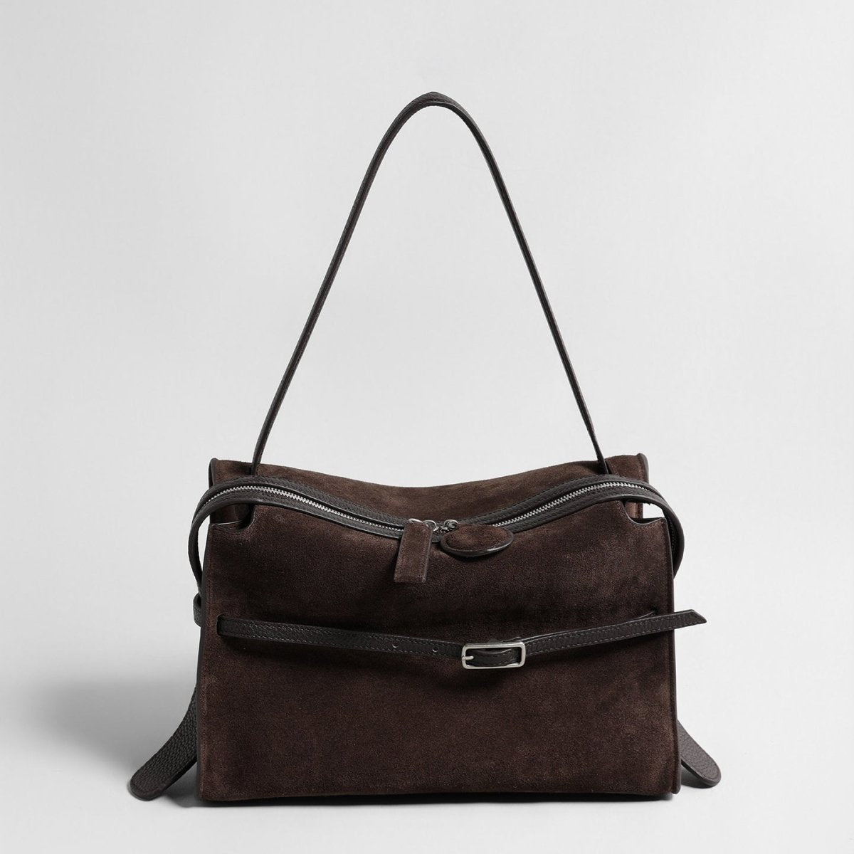 Belted Wave-Zip Suede Shoulder Bag, picture 2 of 8