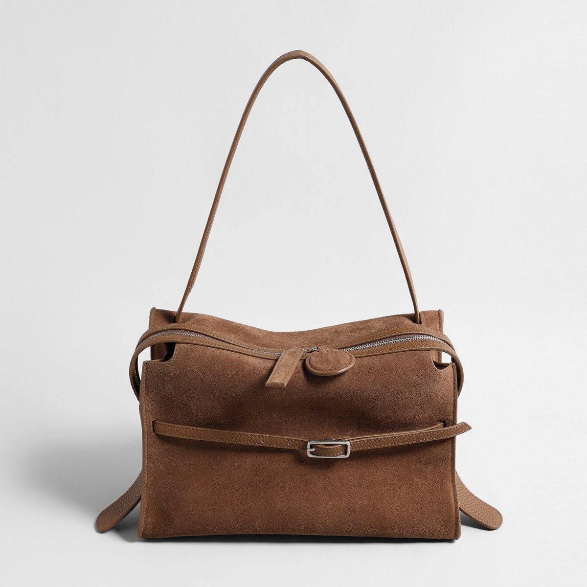 Belted Wave-Zip Suede Shoulder Bag, picture 3 of 8