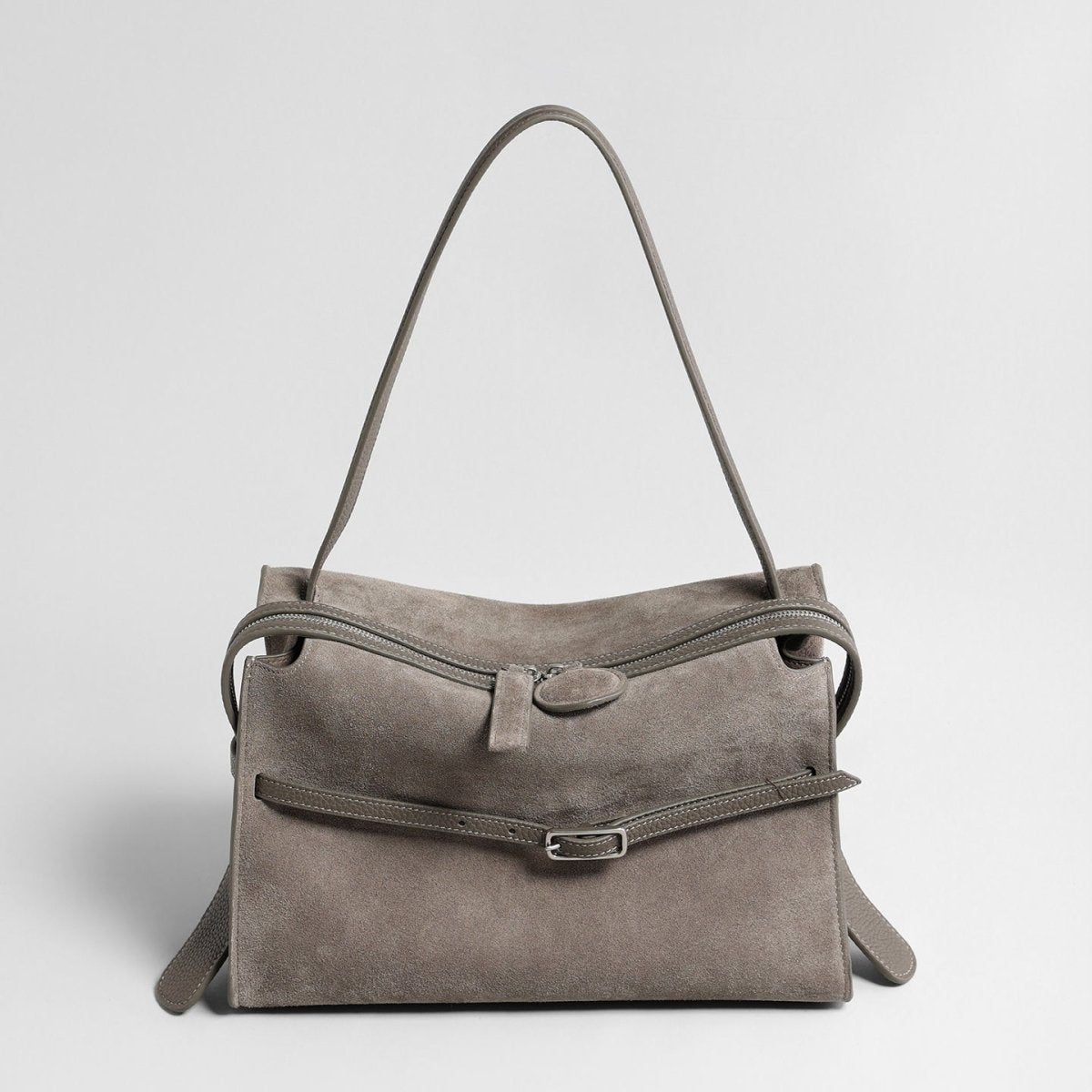 Belted Wave-Zip Suede Shoulder Bag, picture 5 of 8