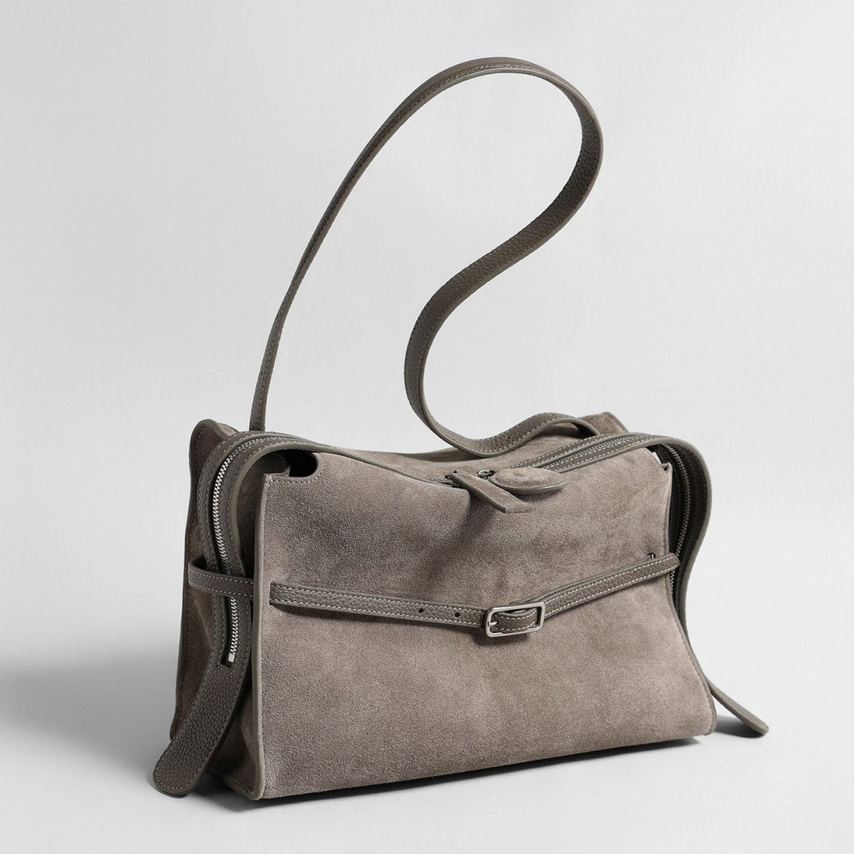 Belted Wave-Zip Suede Shoulder Bag, picture 4 of 8