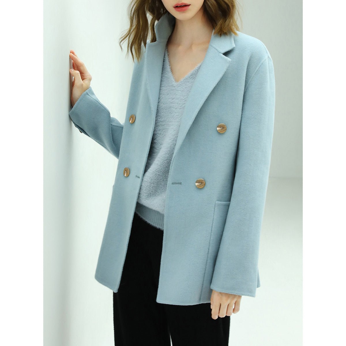 Tailored Powder Blue Double Breasted Wool Coat, picture 3 of 5