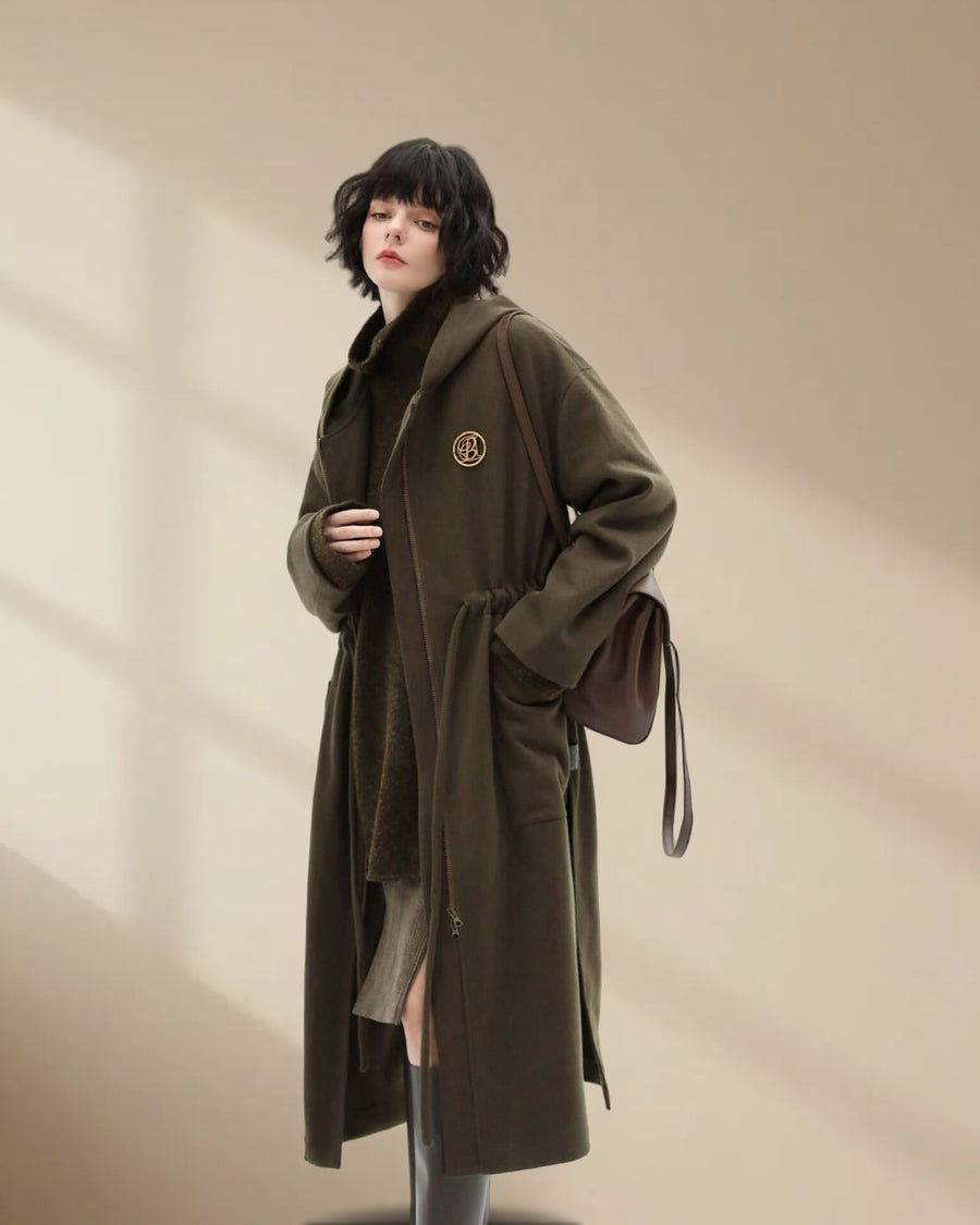 Women’s Brown Hooded Wool Coat with Drawstring