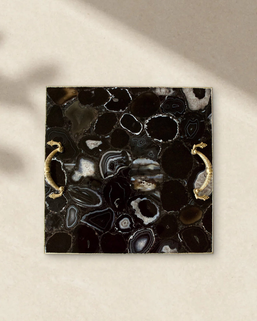 Black Agate Square Serving Tray with Brass Handles