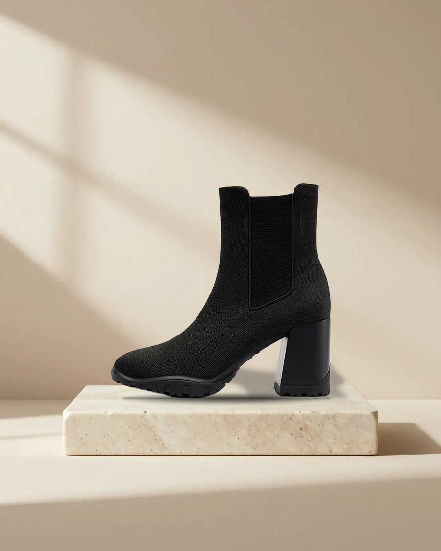 Knit Chelsea Ankle Boots with Block Heel in Black