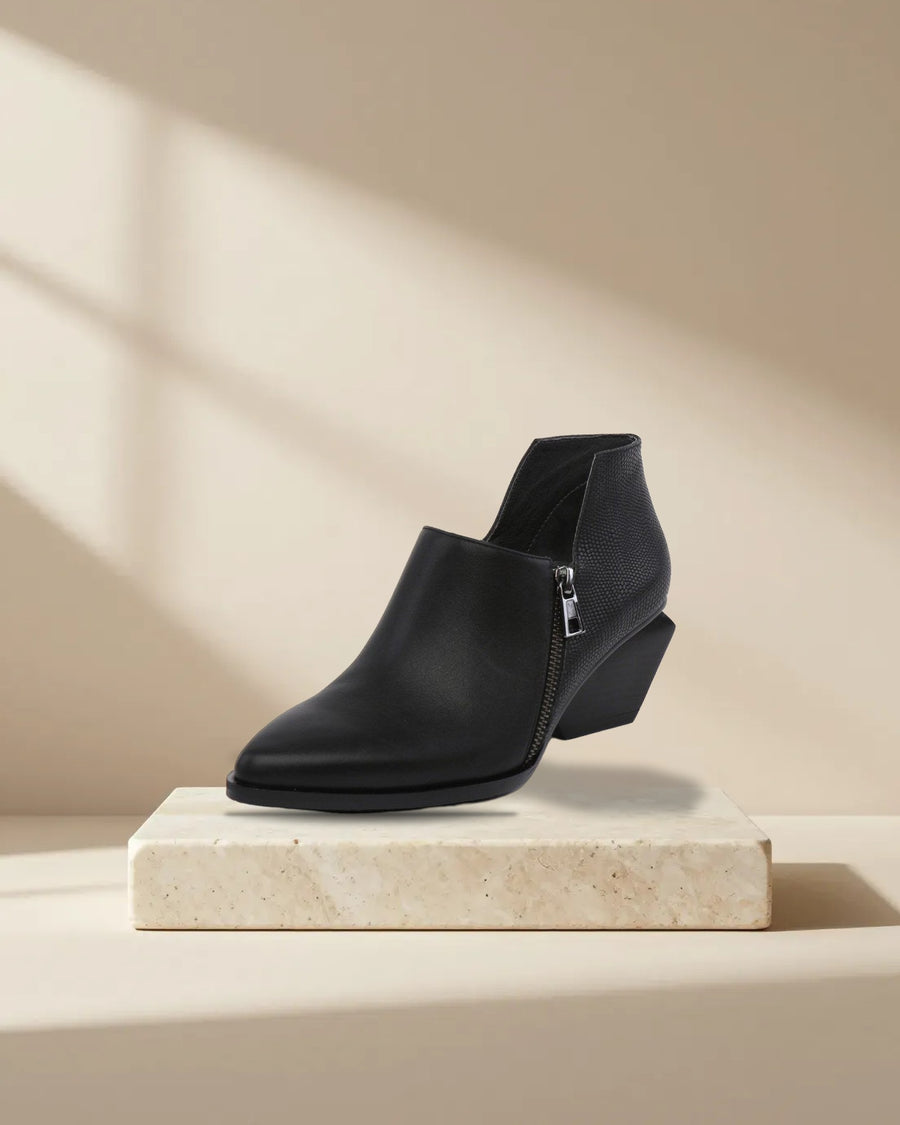 Block Heel Leather Ankle Boots in Black