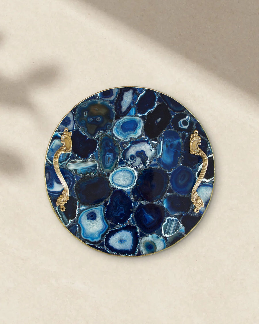 Blue Agate Round Serving Tray with Brass Handles