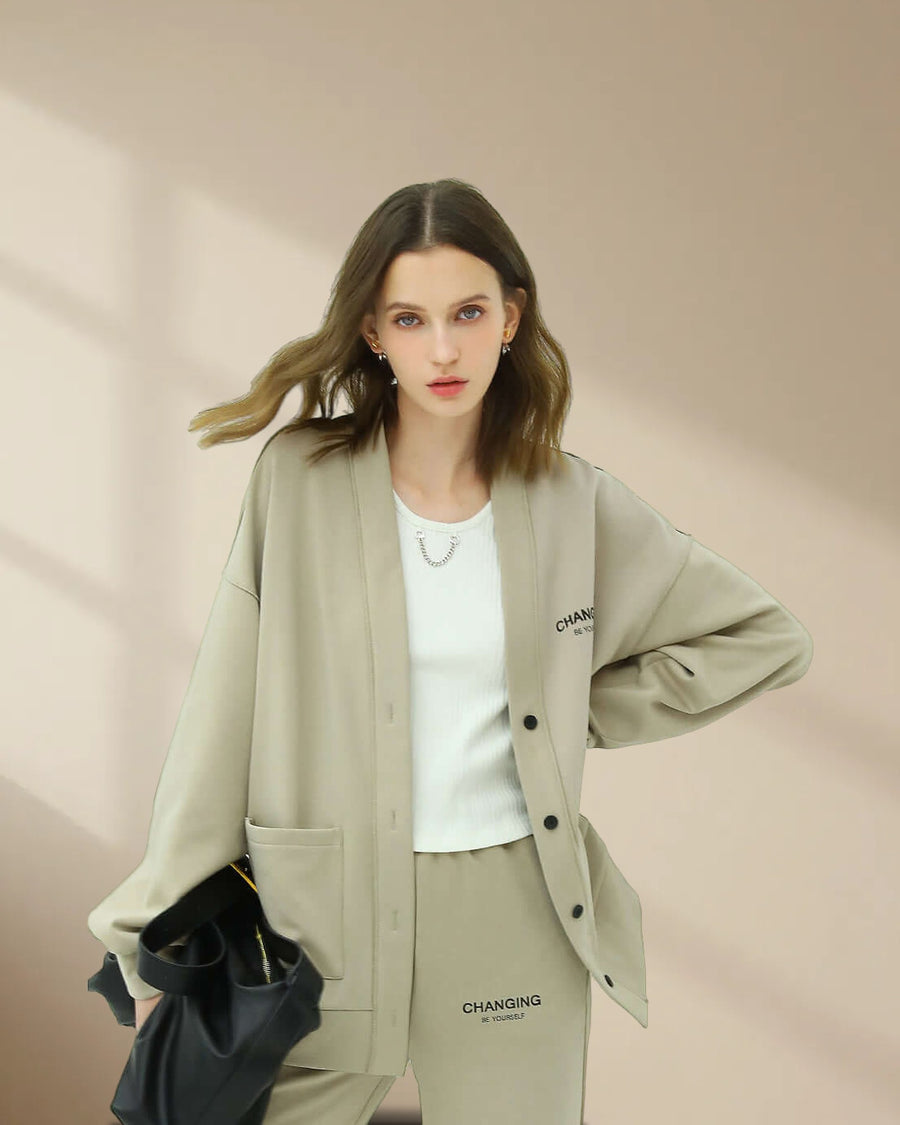 Casual Oversized Khaki Cardigan with Pockets