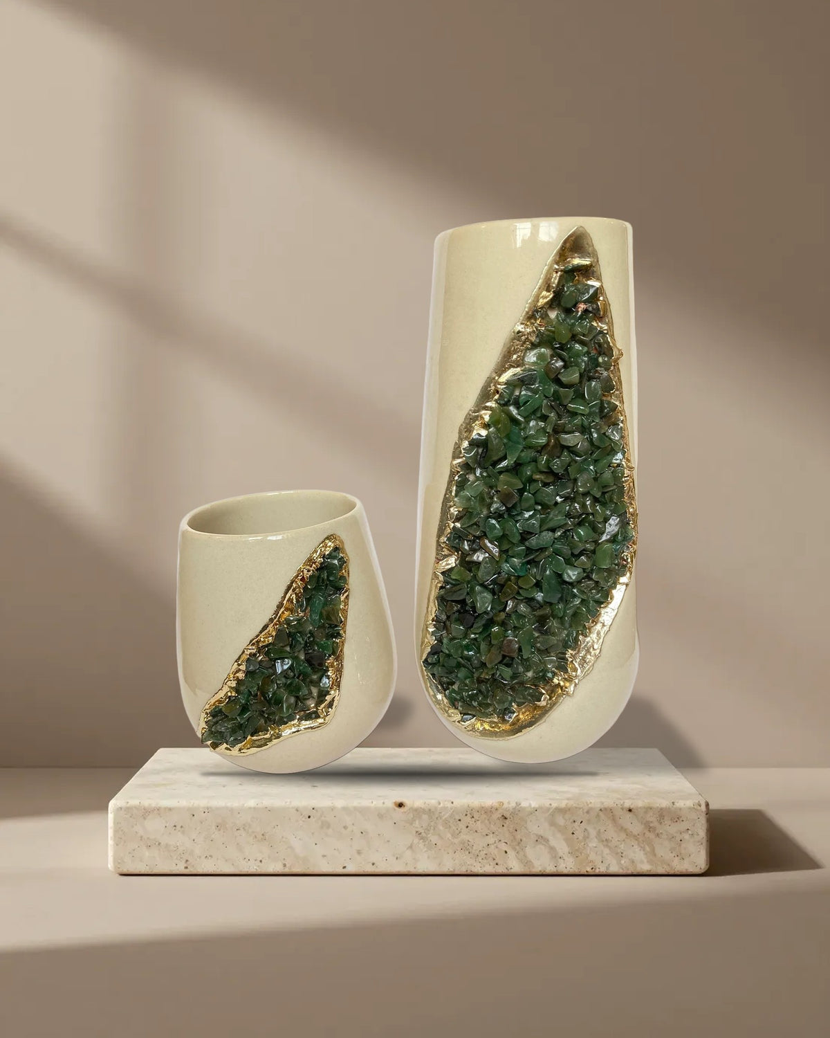 Cream Ceramic Vases with Crystal Panels, 4 and 8 Inch, picture 1 of 8
