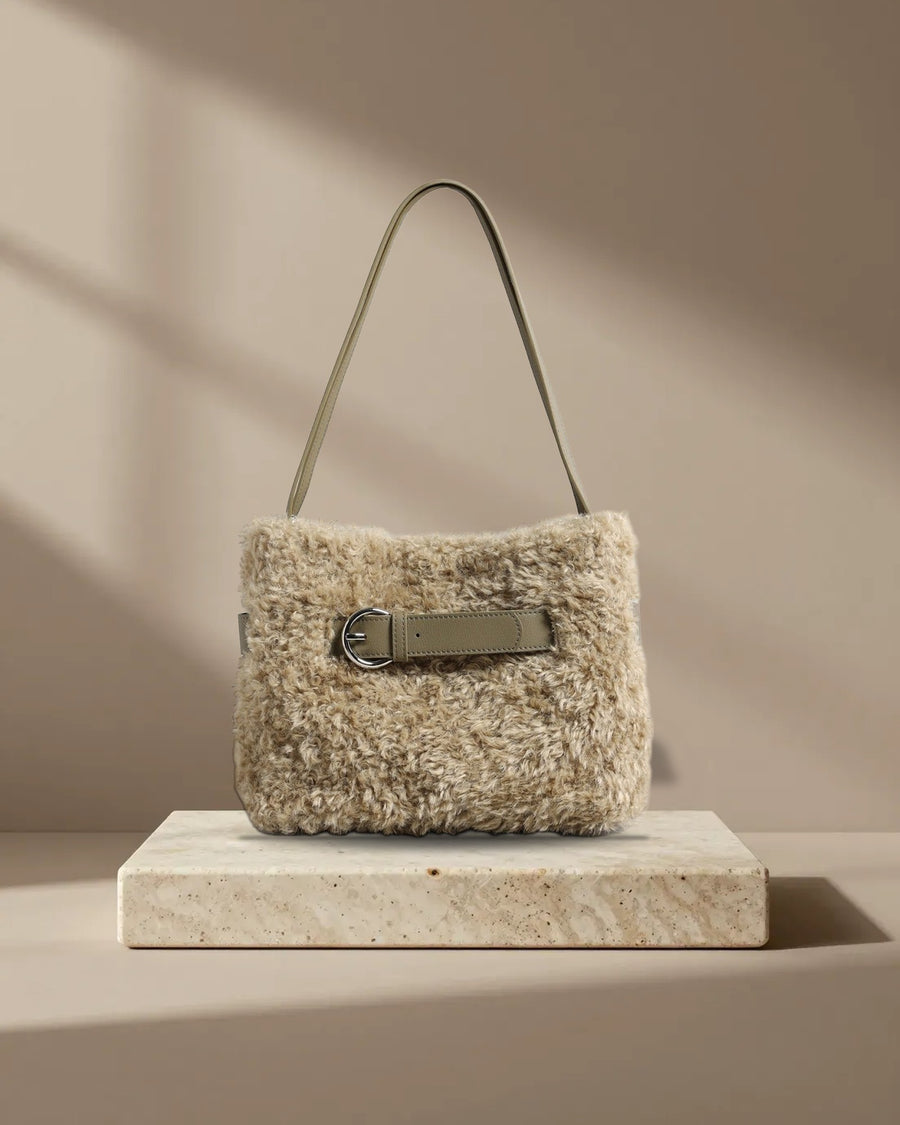 Curly Faux Shearling Tote Bag with Leather Buckle in Avocado