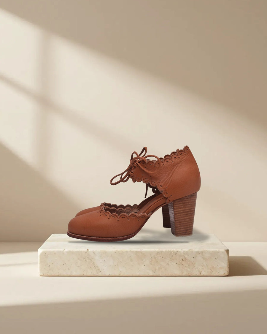 Dance Queen Scalloped Leather Heels in Golden Tan
