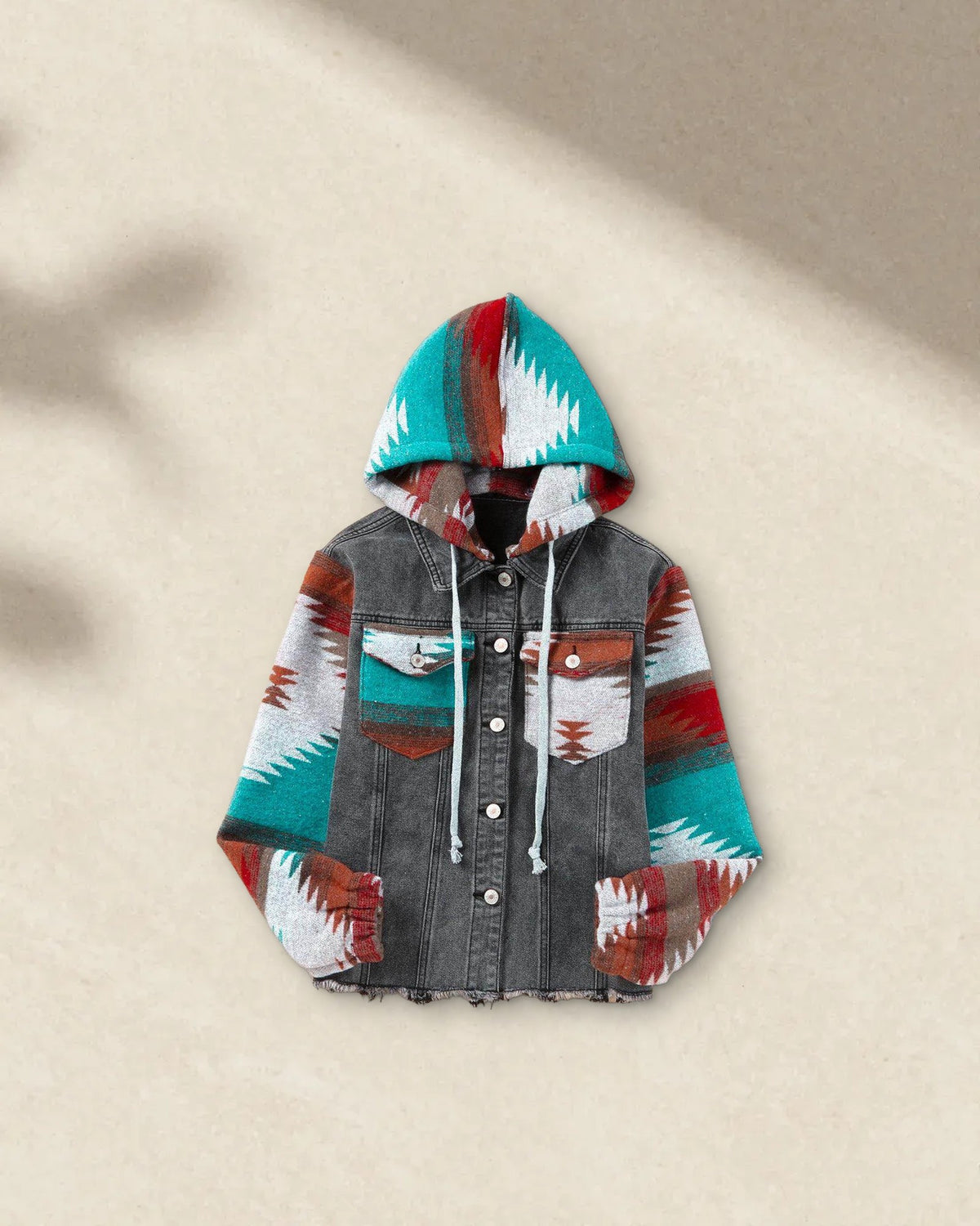 Drawstring Hooded Denim Jacket in Dark Gray, picture 1 of 7