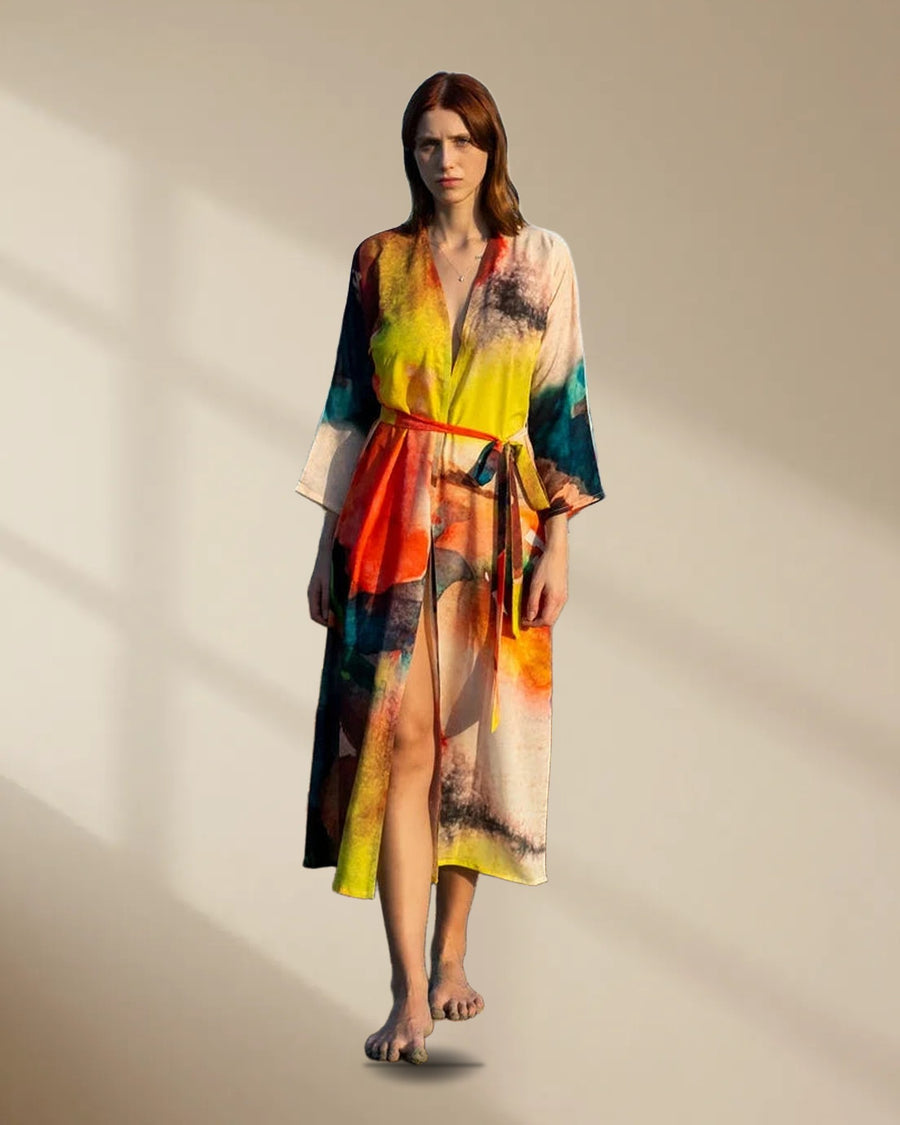 Enigma Abstract Multicolour Printed Long Kimono