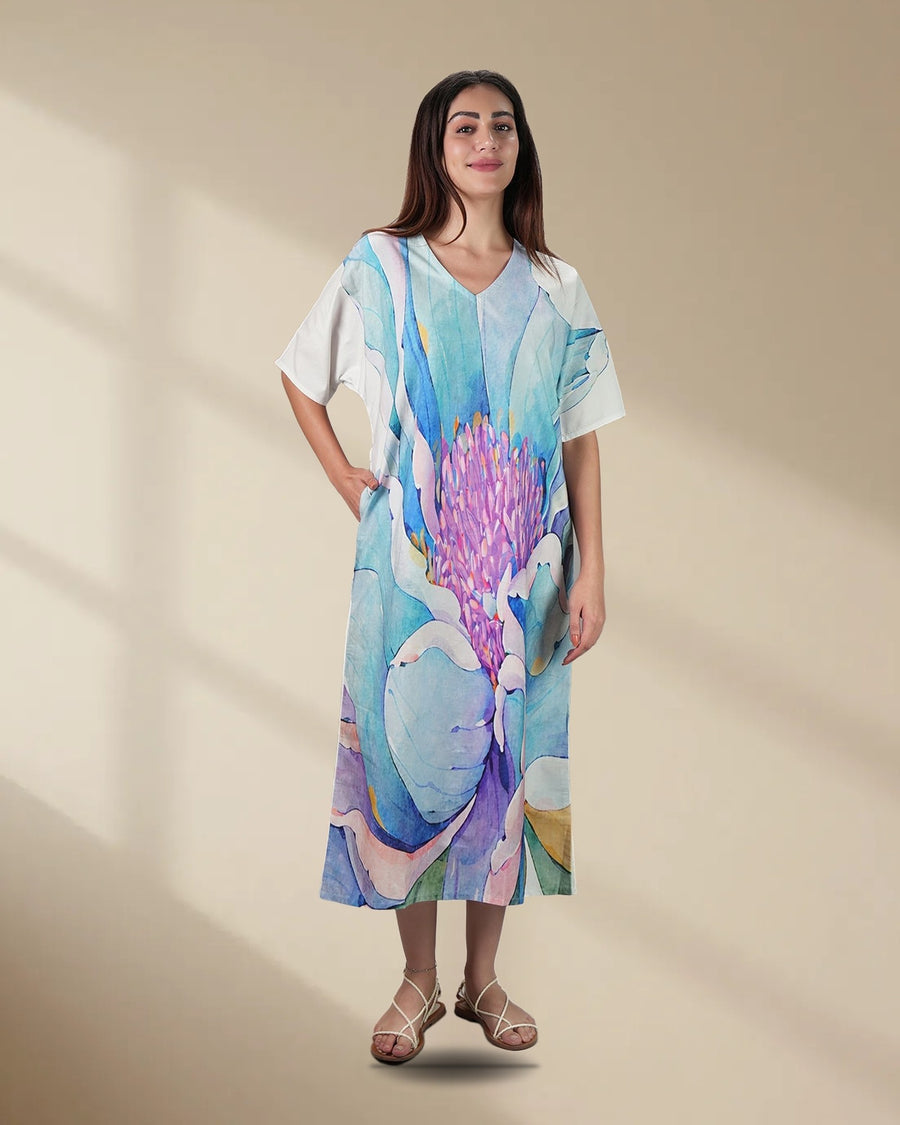 Fleur Watercolour Floral Long Kaftan Dress