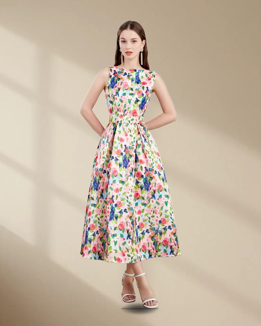 Floral Boatneck Sleeveless A-Line Midi Dress